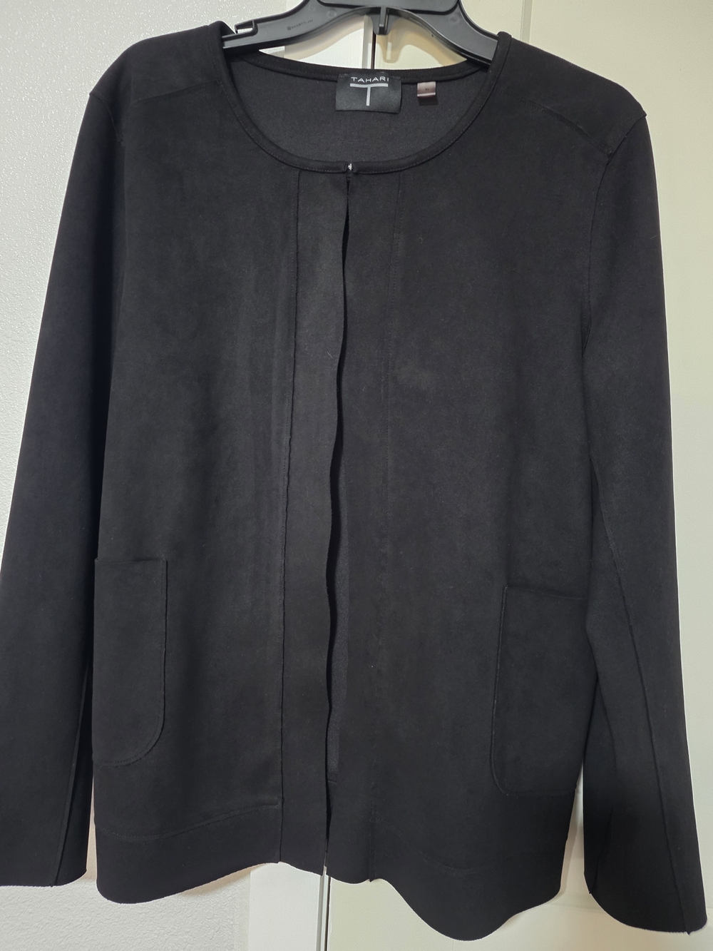 Tahari Black Collarless Open-Front Jacket
